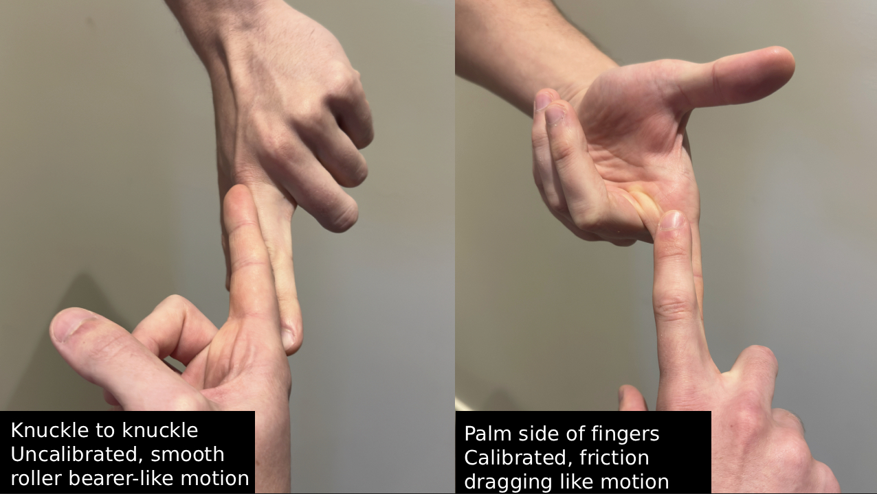 Gliding mechanism demonstration — finger sliding analogy showing natural vs. calibrated friction mechanics